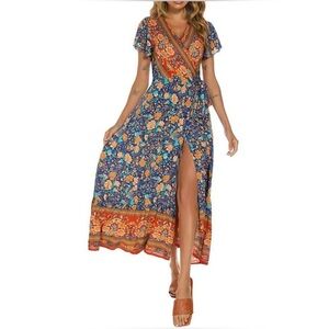 Fortune One Bohemian Maxi Wrap Dress Size Medium Cottage Fairy Floral Prairie